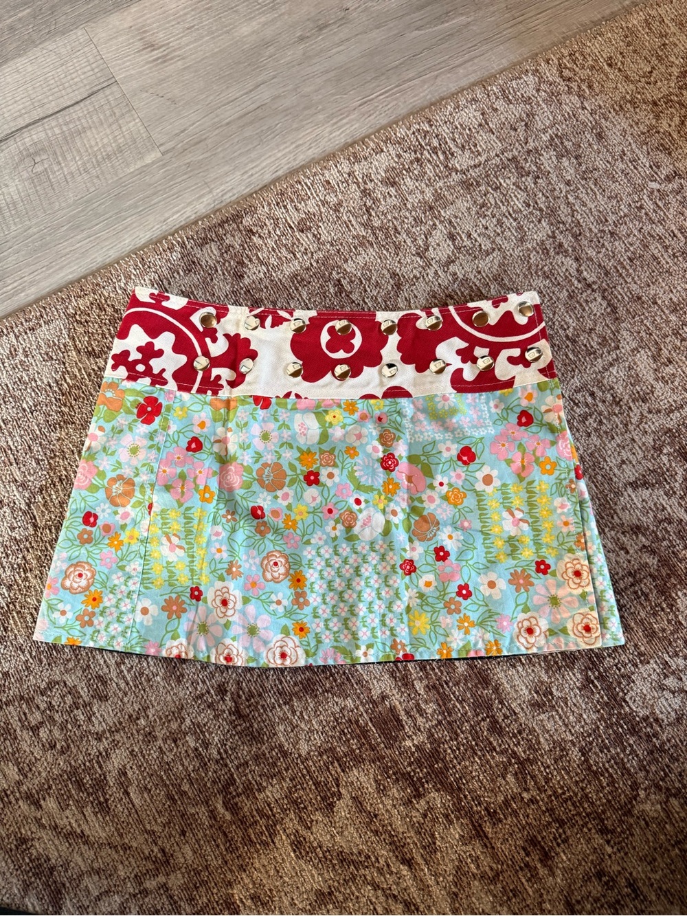 Floral Patchwork Mini Skirt in Aqua & Red